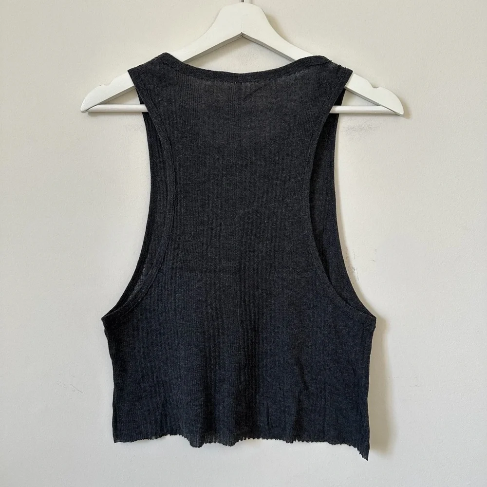 ALO Yoga Dark Gray Cropped Muscle Tank Top Ribbed Raw Hem Athleisure S/M